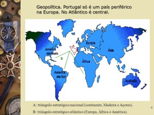 Geopolítica. Portugal só é um país periférico na Europa. No Atlântico é central. A: triângulo estratégico nacional (continente, Madeira e Açores). B: triângulo estratégico atlântico (Europa, África e América).