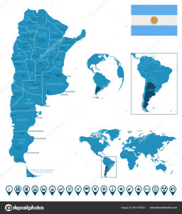 Argentina - detailed blue country map with cities, regions, location on world map and globe. Infographic icons. Vector illustration
